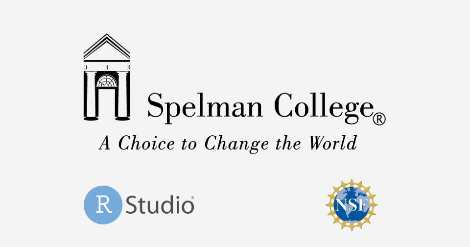 NSF, Spelman College, and RStudio logos on a grey grid background